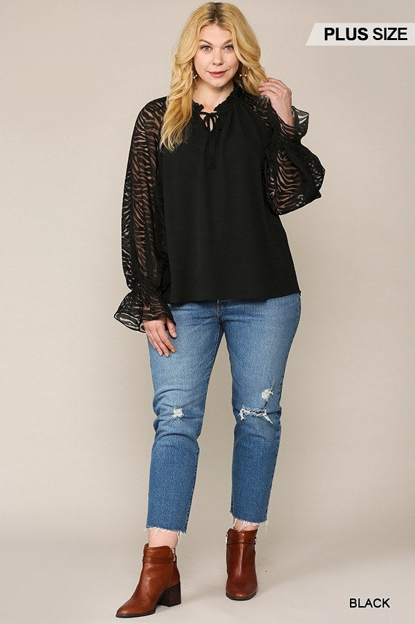 Zebra Burnout Sleeve Ruffled Neck Bubble Crepe Blouse - Absolute Fashion 2020