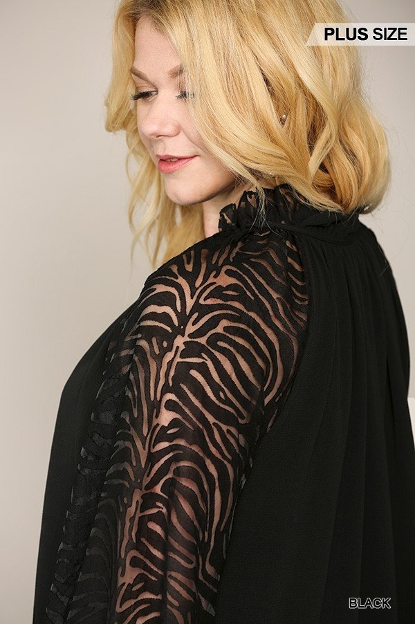 Zebra Burnout Sleeve Ruffled Neck Bubble Crepe Blouse - Absolute Fashion 2020