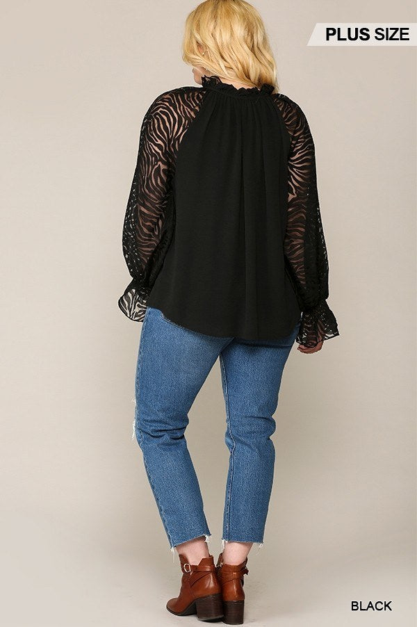 Zebra Burnout Sleeve Ruffled Neck Bubble Crepe Blouse - Absolute Fashion 2020