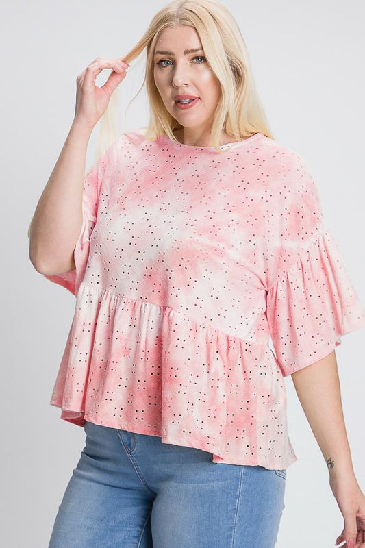 Tie Dye Ruffled Sleeves And Bottom Eyelet Blouse - Absolute Fashion 2020