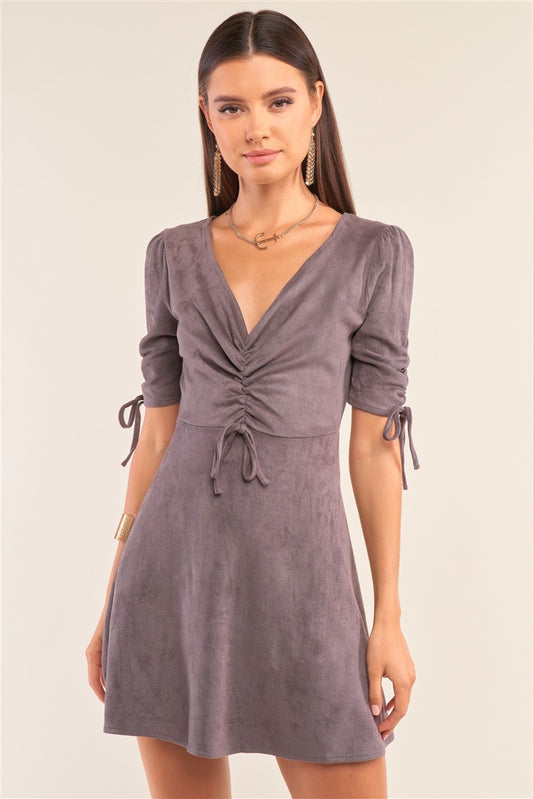 Charcoal Grey Suede Deep Plunge V-neck Gathered Detail Tight Fit Mini Dress - Absolute Fashion 2020
