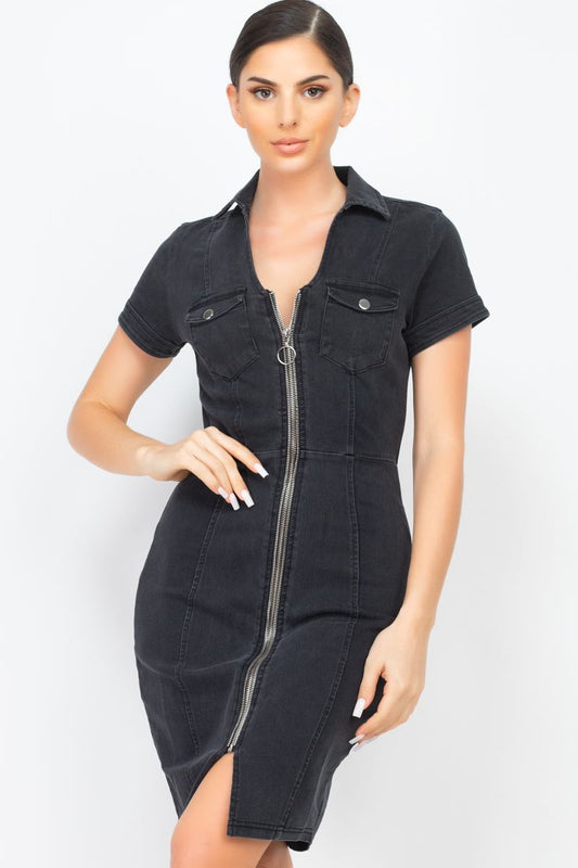 Zip Front Denim Mini Dress - Absolute Fashion 2020