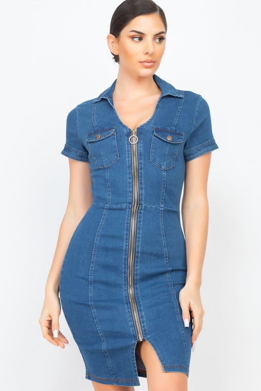 Zip Front Denim Mini Dress - Absolute Fashion 2020