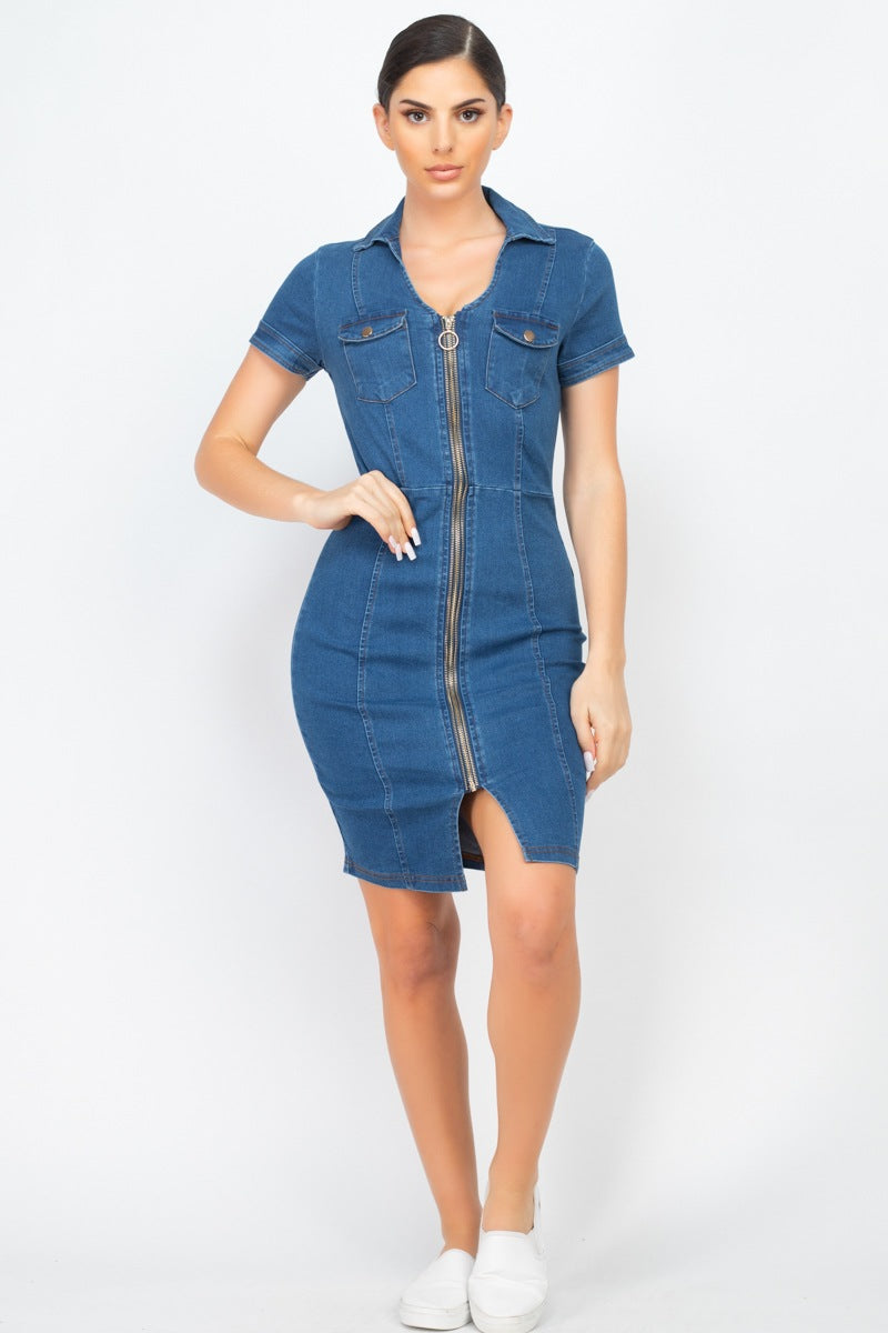 Zip Front Denim Mini Dress - Absolute Fashion 2020