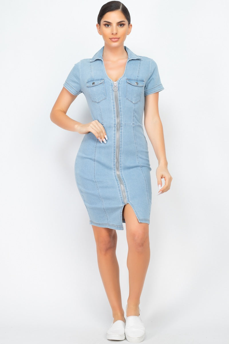 Zip Front Denim Mini Dress - Absolute Fashion 2020