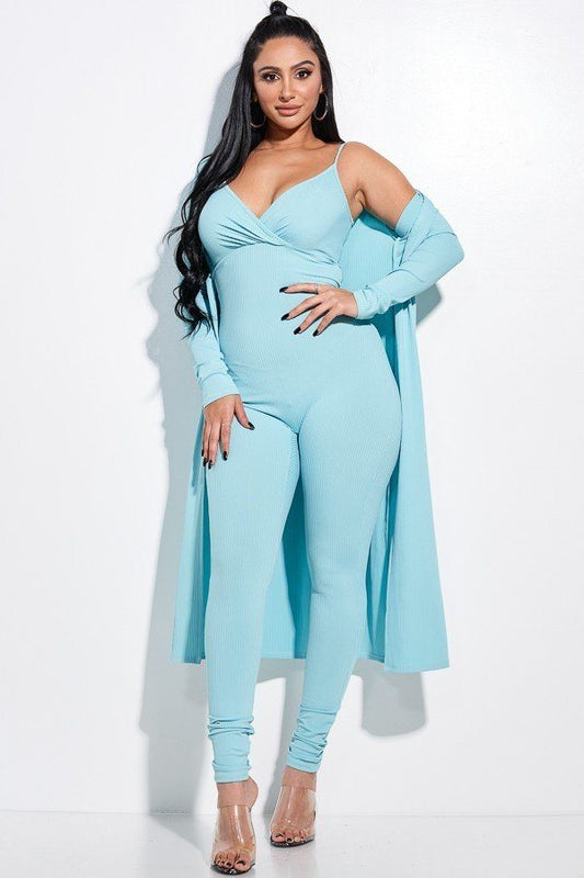 Solid Rib Knit Spaghetti Strap Jumpsuit And Duster Two Piece Set - Absolute Fashion 2020