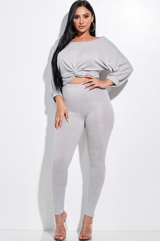 Solid Rib Knit Knotted Front Top And Leggings Two Piece Set - Absolute Fashion 2020