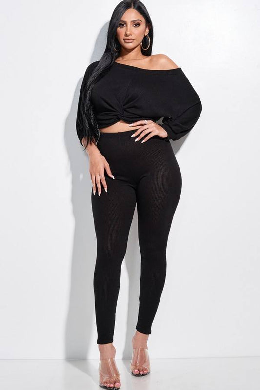 Solid Rib Knit Knotted Front Top And Leggings Two Piece Set - Absolute Fashion 2020