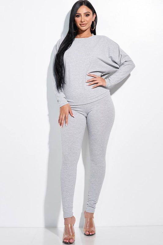 Solid Rib Knit Dolman Sleeve Top And Leggings Two Piece Set - Absolute Fashion 2020