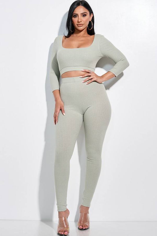 Solid Pointelle Stitch 3/4 Sleeve Scoop Neck Cropped Top And Leggings Two - Absolute Fashion 2020