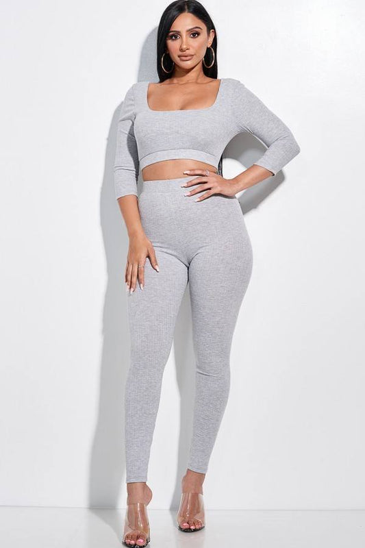 Solid Pointelle Stitch 3/4 Sleeve Scoop Neck Cropped Top And Leggings Two - Absolute Fashion 2020