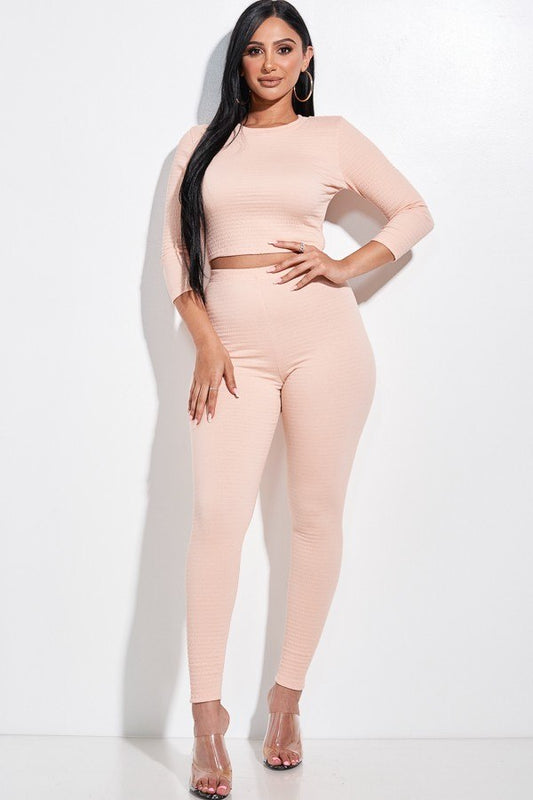 Solid Smocked 3/4 Sleeve Top And Leggings Two Piece Set - Absolute Fashion 2020