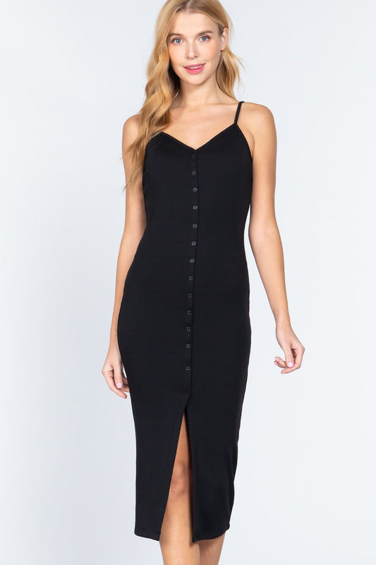 Fron Button Slit Rib Cami Midi Dress - Absolute Fashion 2020