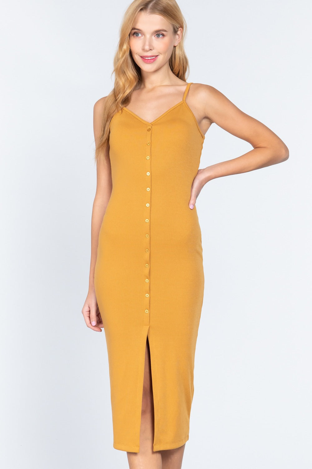 Fron Button Slit Rib Cami Midi Dress - Absolute Fashion 2020