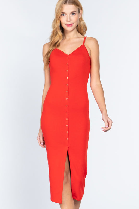 Fron Button Slit Rib Cami Midi Dress - Absolute Fashion 2020