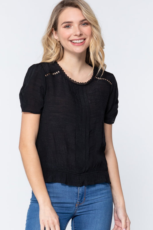 Short Shirring Slv Pleated Woven Top - Absolute Fashion 2020