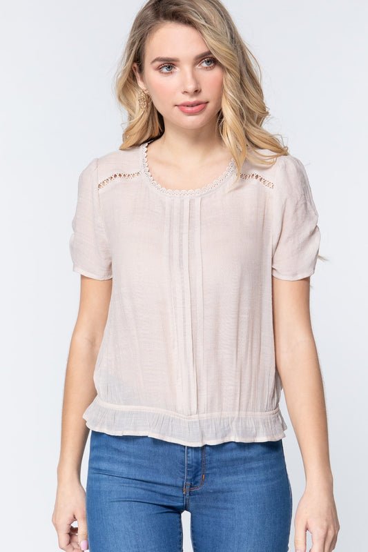 Short Shirring Slv Pleated Woven Top - Absolute Fashion 2020