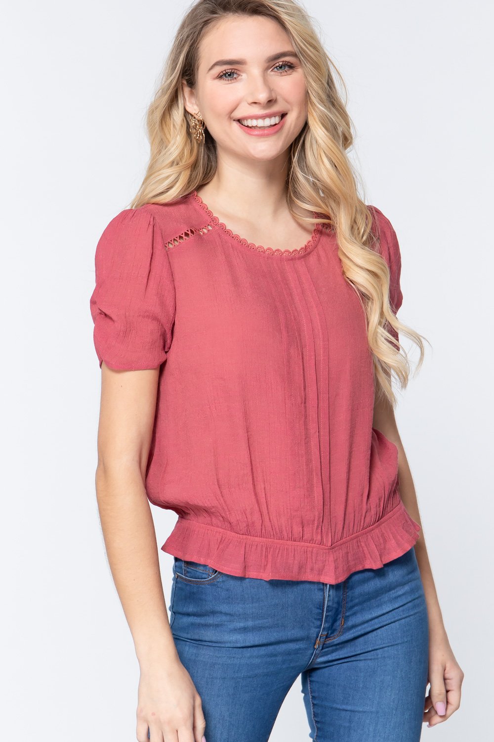 Short Shirring Slv Pleated Woven Top - Absolute Fashion 2020