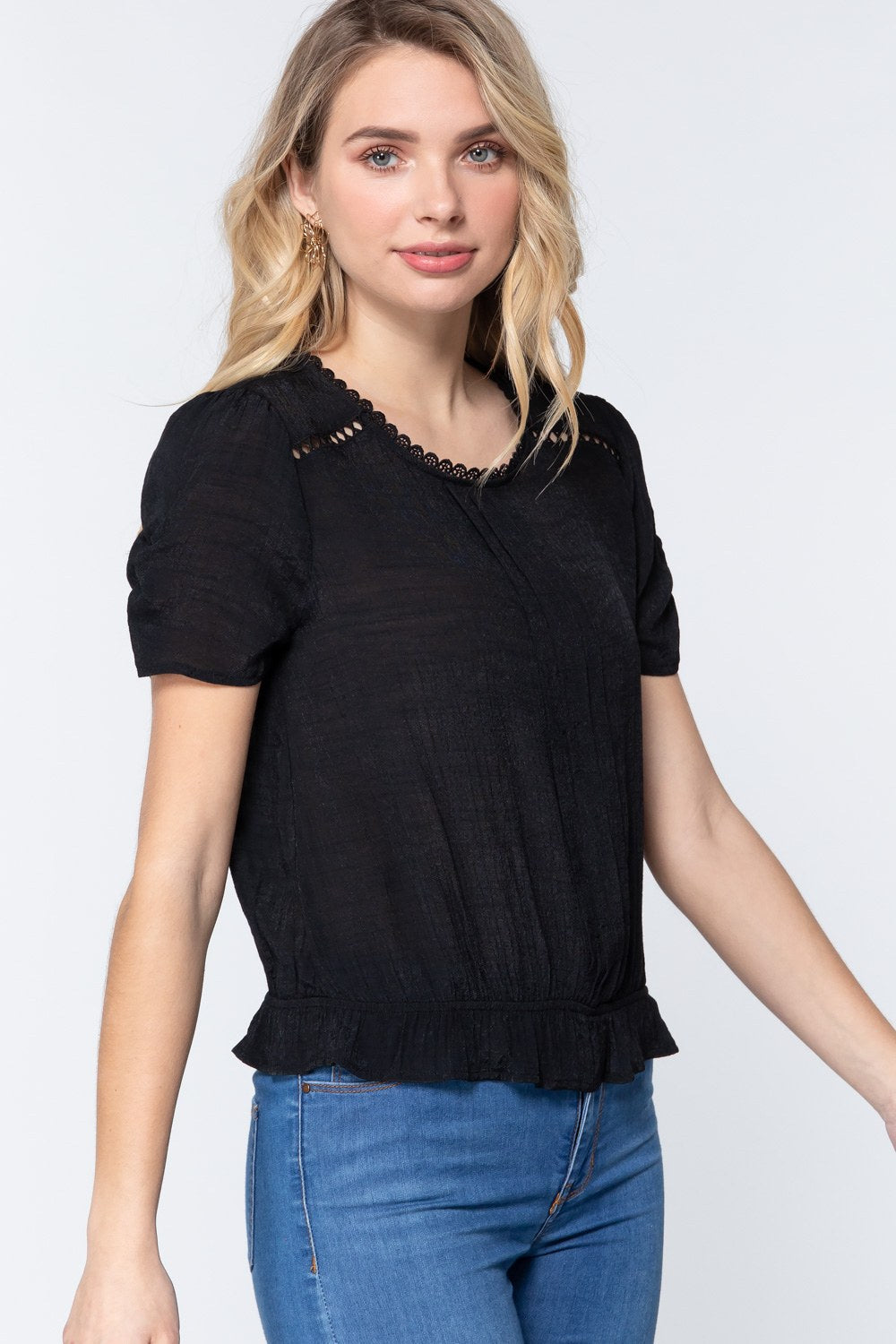 Short Shirring Slv Pleated Woven Top - Absolute Fashion 2020