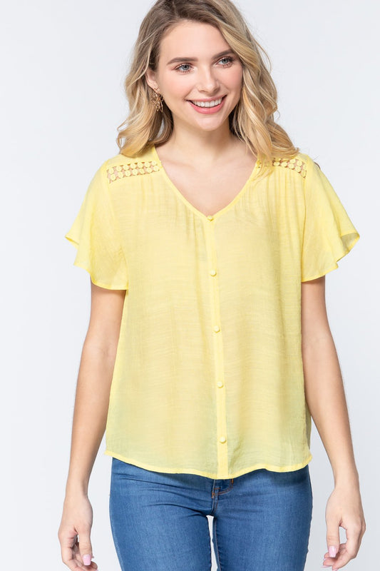 Short Ruffle Slv V-neck Woven Top - Absolute Fashion 2020