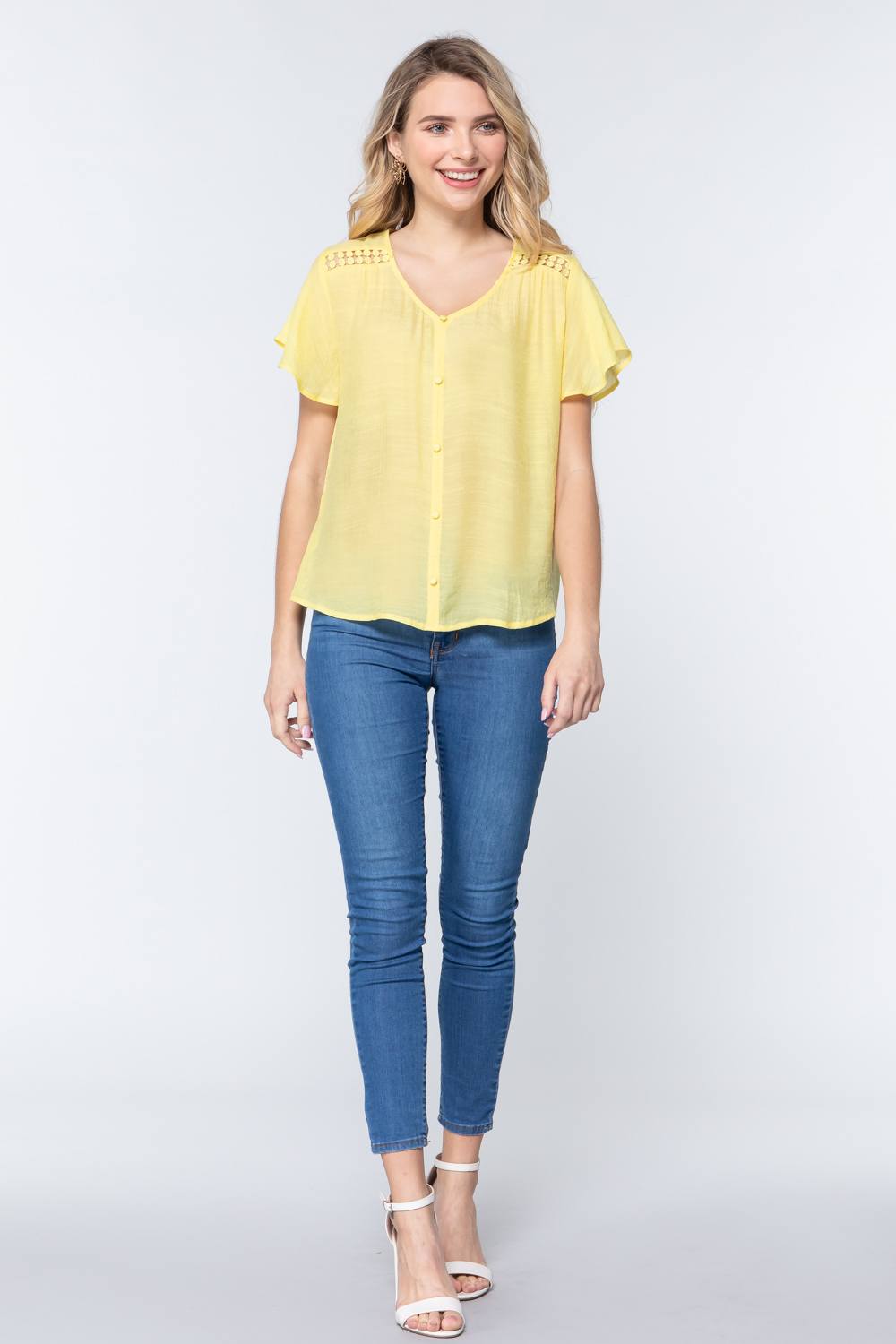Short Ruffle Slv V-neck Woven Top - Absolute Fashion 2020