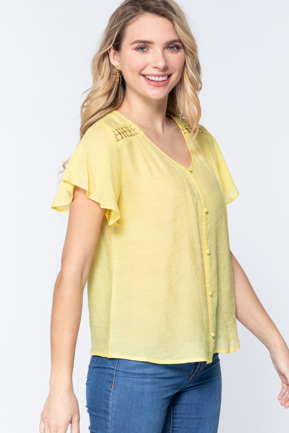 Short Ruffle Slv V-neck Woven Top - Absolute Fashion 2020