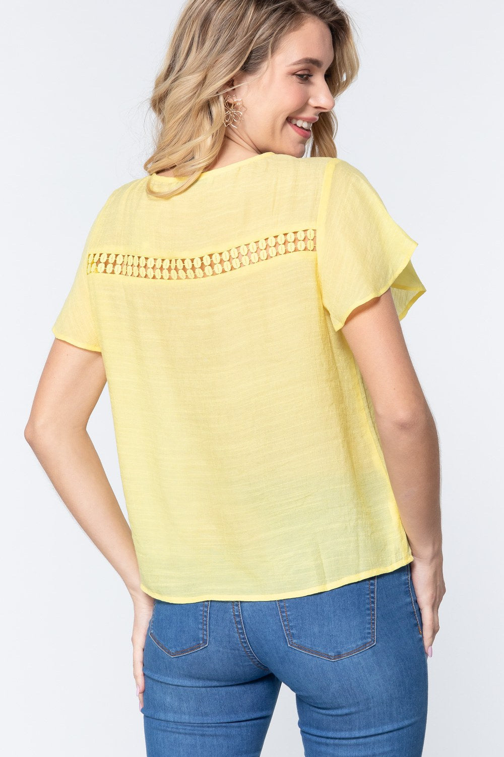 Short Ruffle Slv V-neck Woven Top - Absolute Fashion 2020
