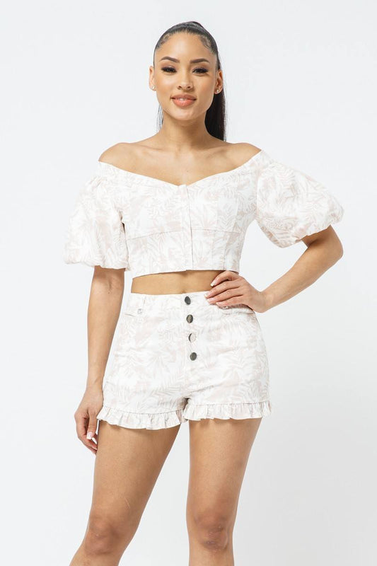 Cotton Off-shoulder Puff Sleeve Crop Top With Front Zipped Matching Shorts Set - Absolute Fashion 2020