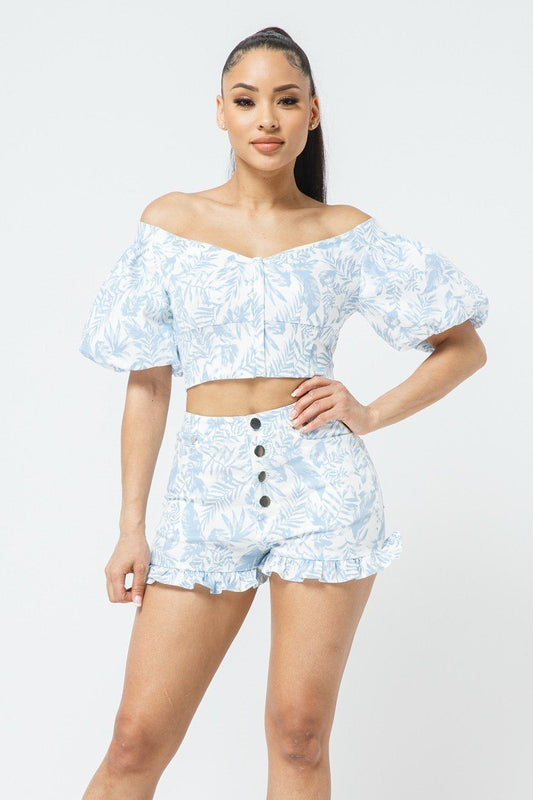 Cotton Off-shoulder Puff Sleeve Crop Top With Front Zipped Matching Shorts Set - Absolute Fashion 2020