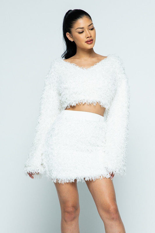All Feather Fabric Top/all Feather Fabric Tight H-line Mini Skirt Set - Absolute Fashion 2020