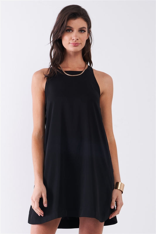 Black Sleeveless Crew Neck Side Snap Button Down Racerback Mini Tent Dress - Absolute Fashion 2020