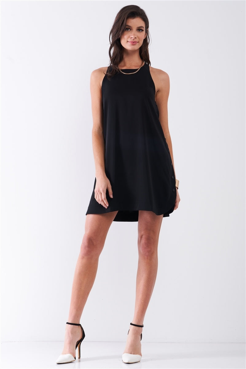Black Sleeveless Crew Neck Side Snap Button Down Racerback Mini Tent Dress - Absolute Fashion 2020