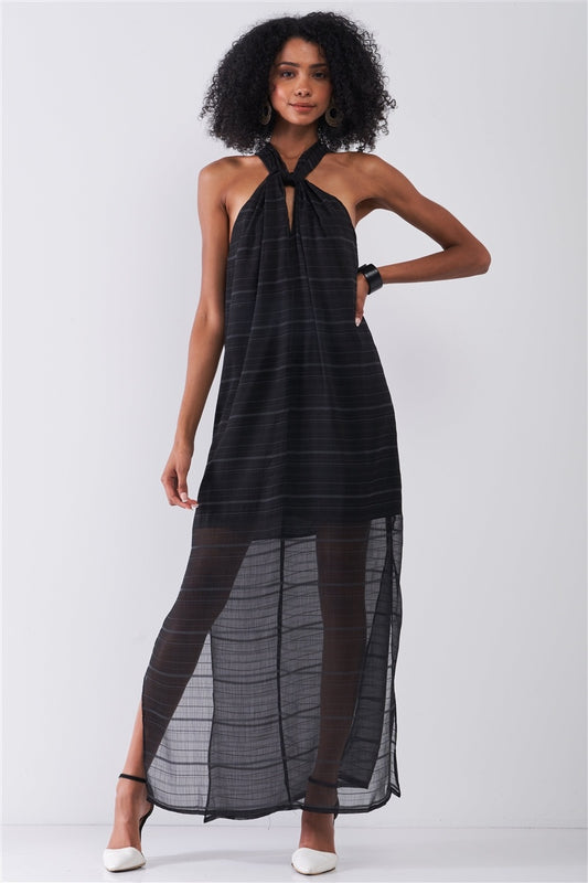 Black Stripped Chiffon Sleeveless Criss-cross Halter Neck Maxi Dress - Absolute Fashion 2020