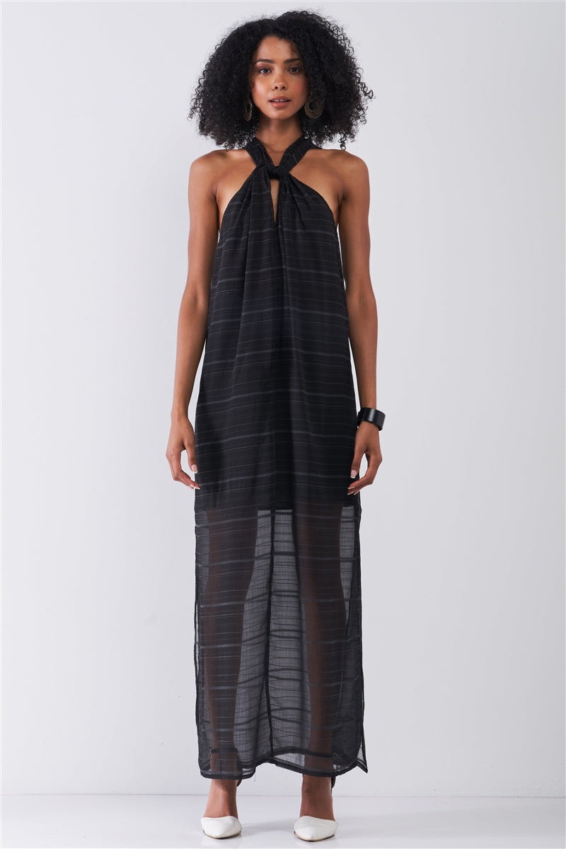 Black Stripped Chiffon Sleeveless Criss-cross Halter Neck Maxi Dress - Absolute Fashion 2020