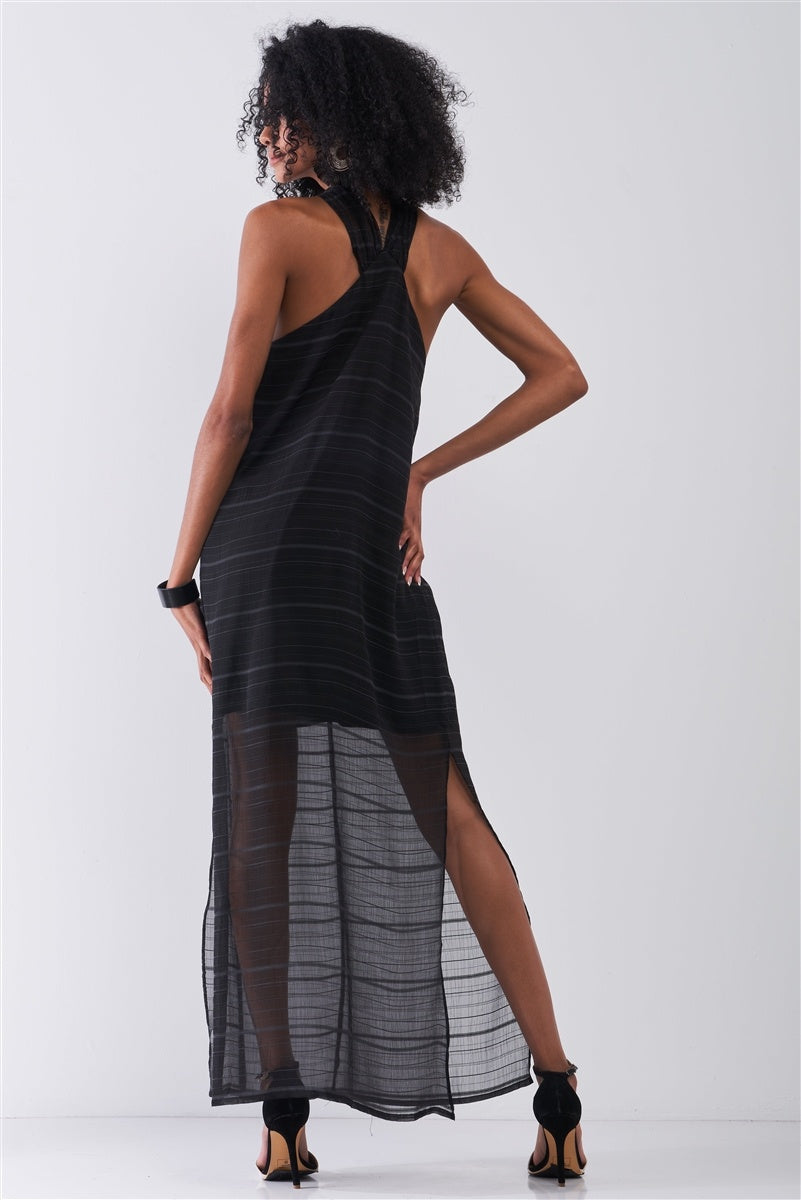 Black Stripped Chiffon Sleeveless Criss-cross Halter Neck Maxi Dress - Absolute Fashion 2020