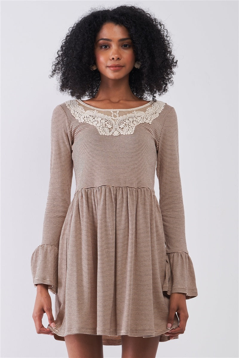 Taupe Horizontal Stripped Embroidery Detail Long Sleeve With Flare Hem Mini Dress - Absolute Fashion 2020
