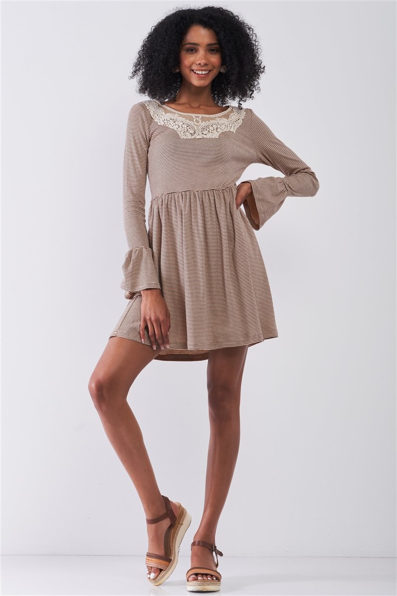 Taupe Horizontal Stripped Embroidery Detail Long Sleeve With Flare Hem Mini Dress - Absolute Fashion 2020
