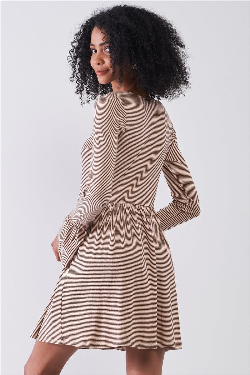 Taupe Horizontal Stripped Embroidery Detail Long Sleeve With Flare Hem Mini Dress - Absolute Fashion 2020