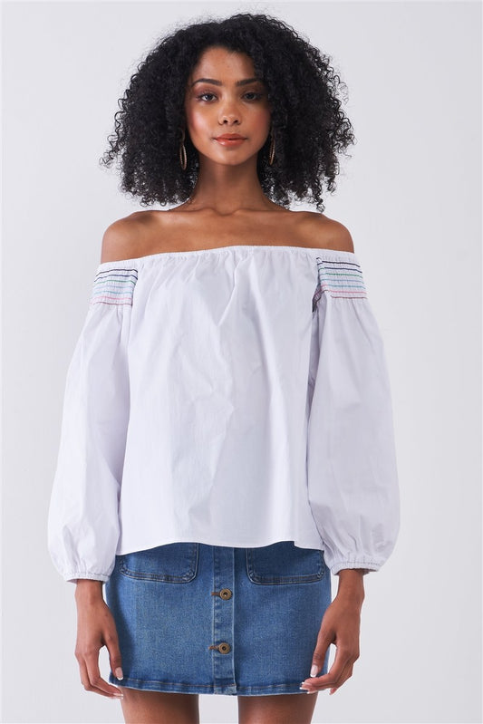 White Multi Shoulder Stitches Off-the-shoulder Long Balloon Sleeve Top - Absolute Fashion 2020