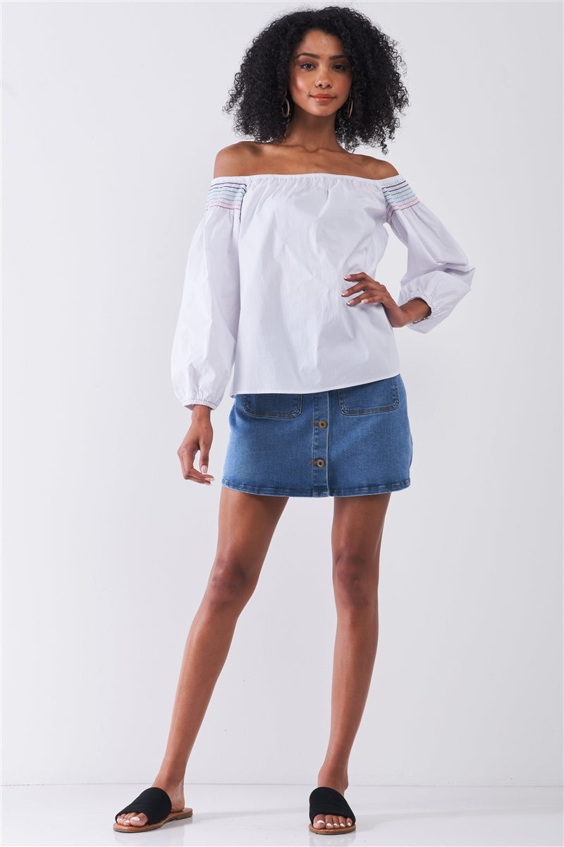 White Multi Shoulder Stitches Off-the-shoulder Long Balloon Sleeve Top - Absolute Fashion 2020