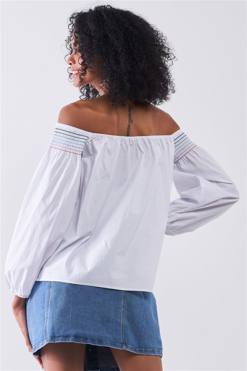 White Multi Shoulder Stitches Off-the-shoulder Long Balloon Sleeve Top - Absolute Fashion 2020