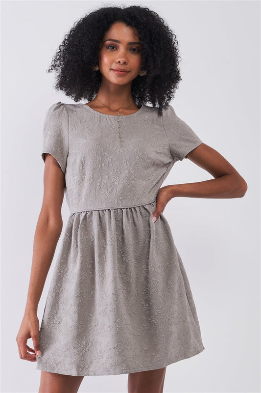Silver Grey Floral Embroidery Round Neck Short Sleeve Mini Dress - Absolute Fashion 2020