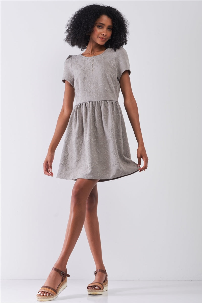 Silver Grey Floral Embroidery Round Neck Short Sleeve Mini Dress - Absolute Fashion 2020