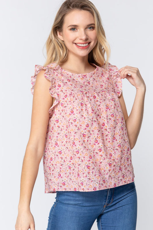 Ruffle Sleeveless Print Woven Top - Absolute Fashion 2020