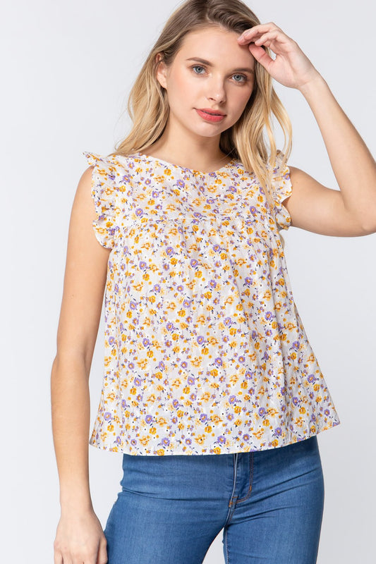 Ruffle Sleeveless Print Woven Top - Absolute Fashion 2020