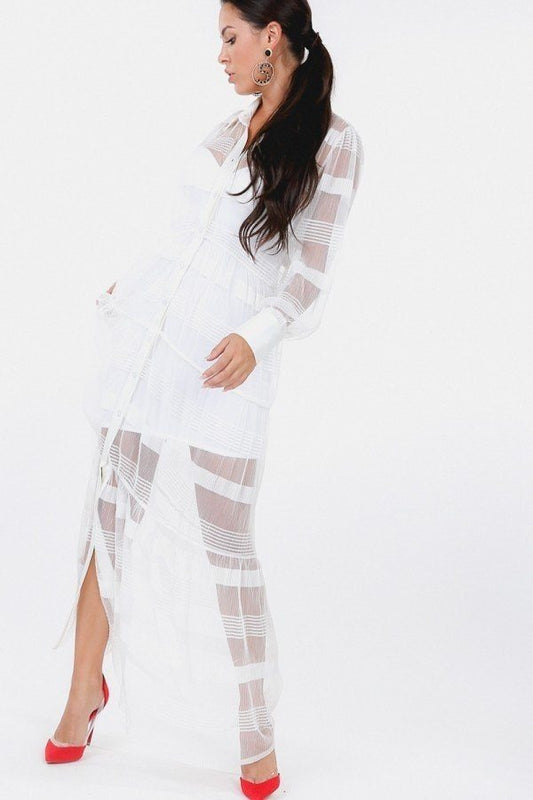 Stripe Pleated Long Sheer Shirt Dress - Absolute Fashion 2020