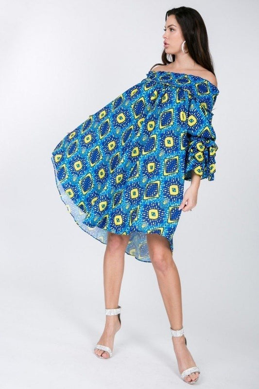 Puffy Ruffle Sleeve Smocking Off Shoulder Print Midi Dress - Absolute Fashion 2020