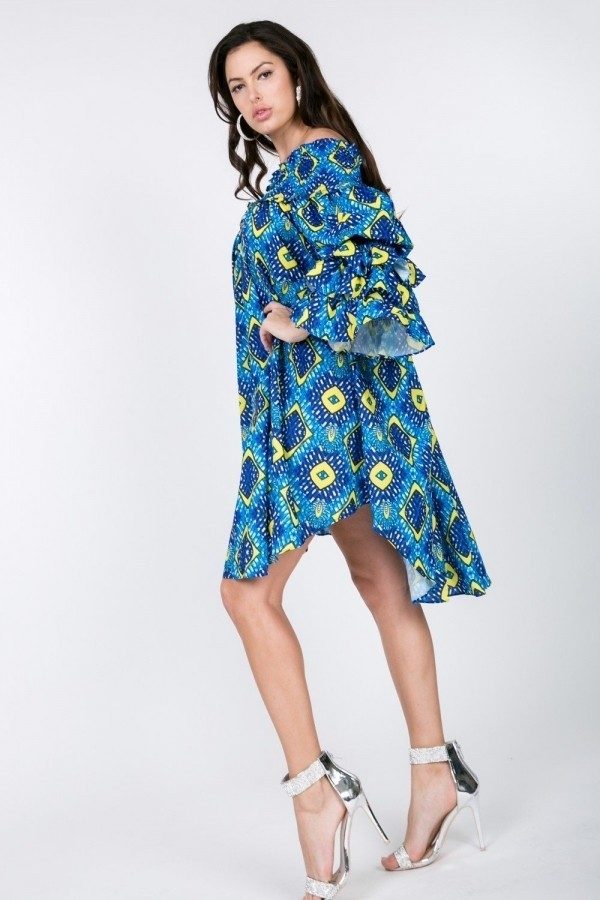 Puffy Ruffle Sleeve Smocking Off Shoulder Print Midi Dress - Absolute Fashion 2020