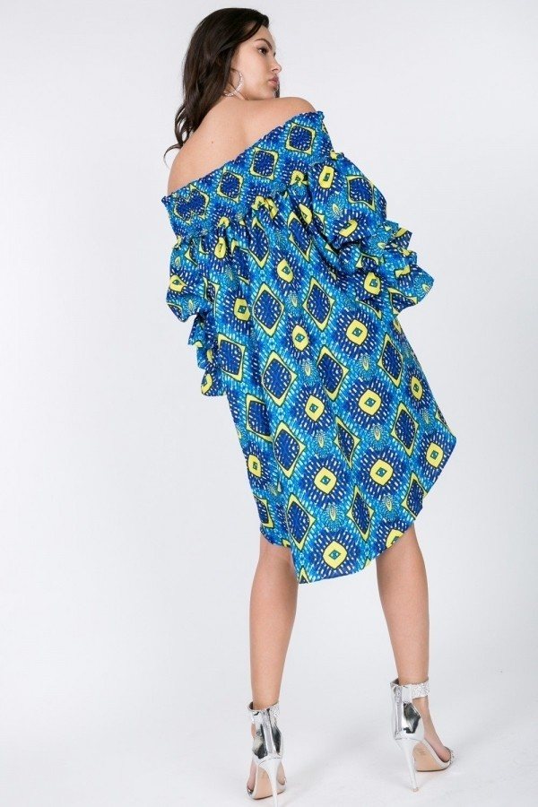 Puffy Ruffle Sleeve Smocking Off Shoulder Print Midi Dress - Absolute Fashion 2020