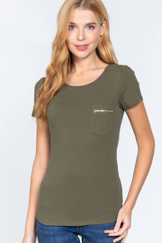 Short Slv Top W/zipper Pocket - Absolute Fashion 2020